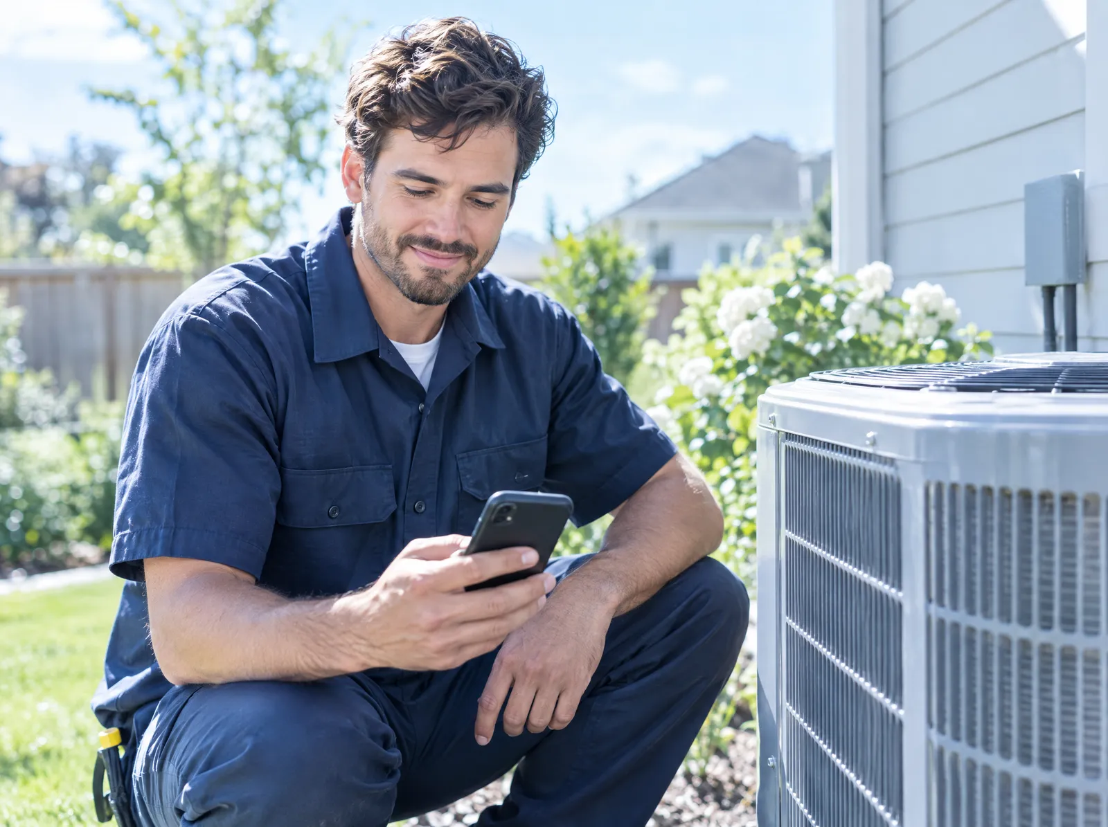 HVAC technician checking a phone beside an outdoor AC unit